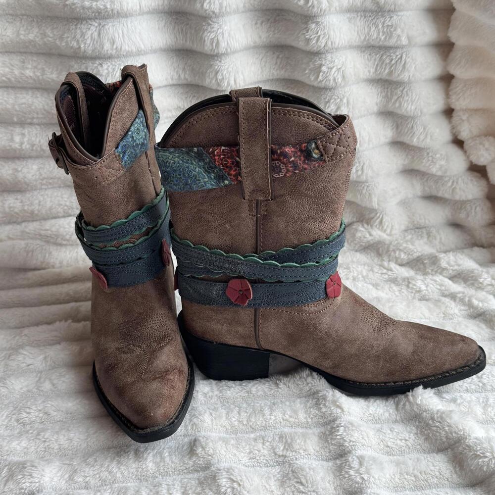 Durango Girls Western Fashion Boot 8" Flower Size‎ 1 DBT0169 Cowgirl Brown Blue